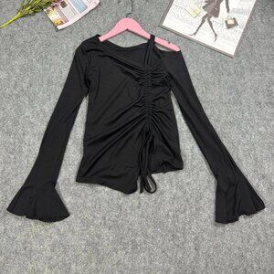 Black Ruched Drawstring Long Sleeve Top
